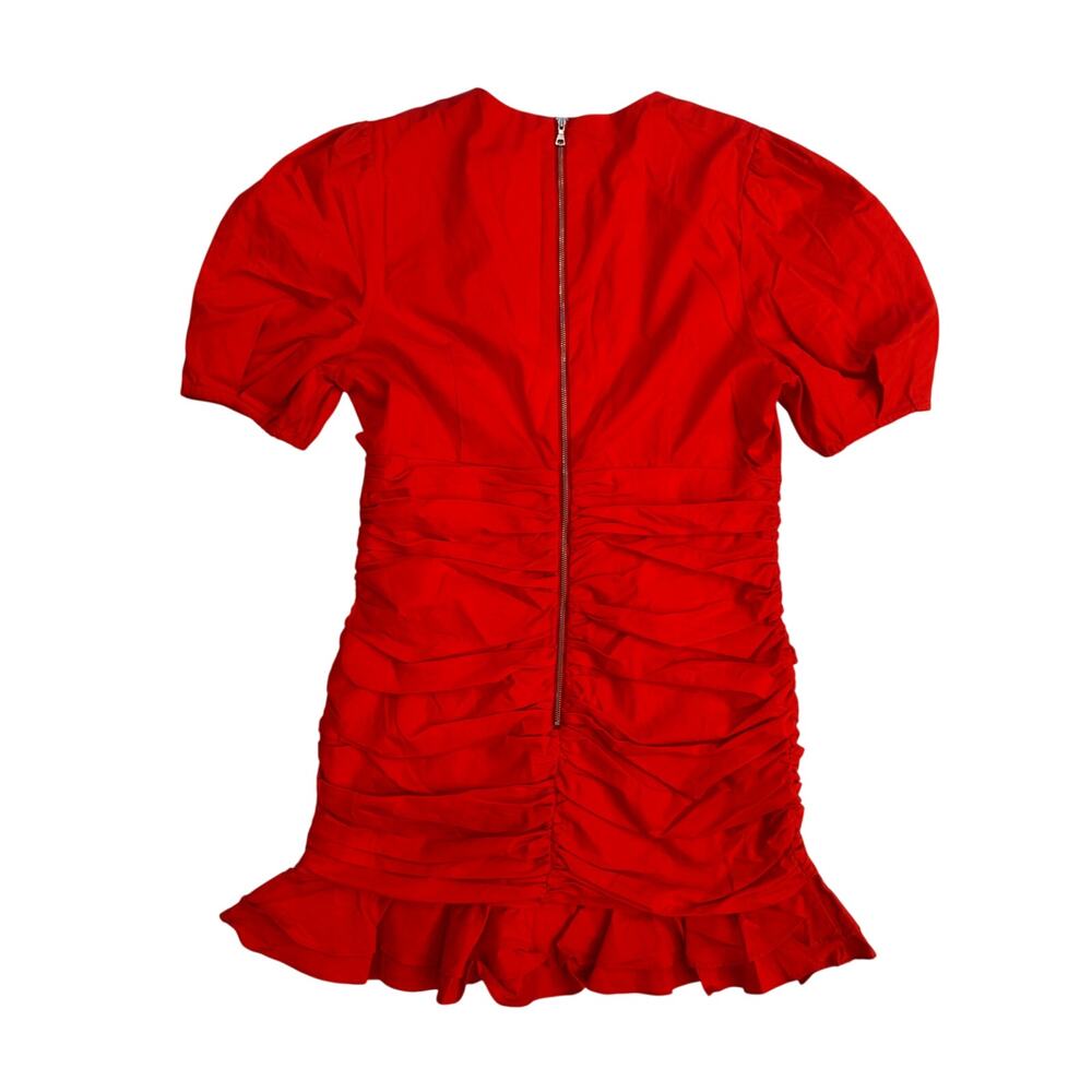 Bardot The Amie Red Ruched Mini Dress Puff Sleeve Ruffle Hem NWT L 10 Cotton - Picture 3 of 16